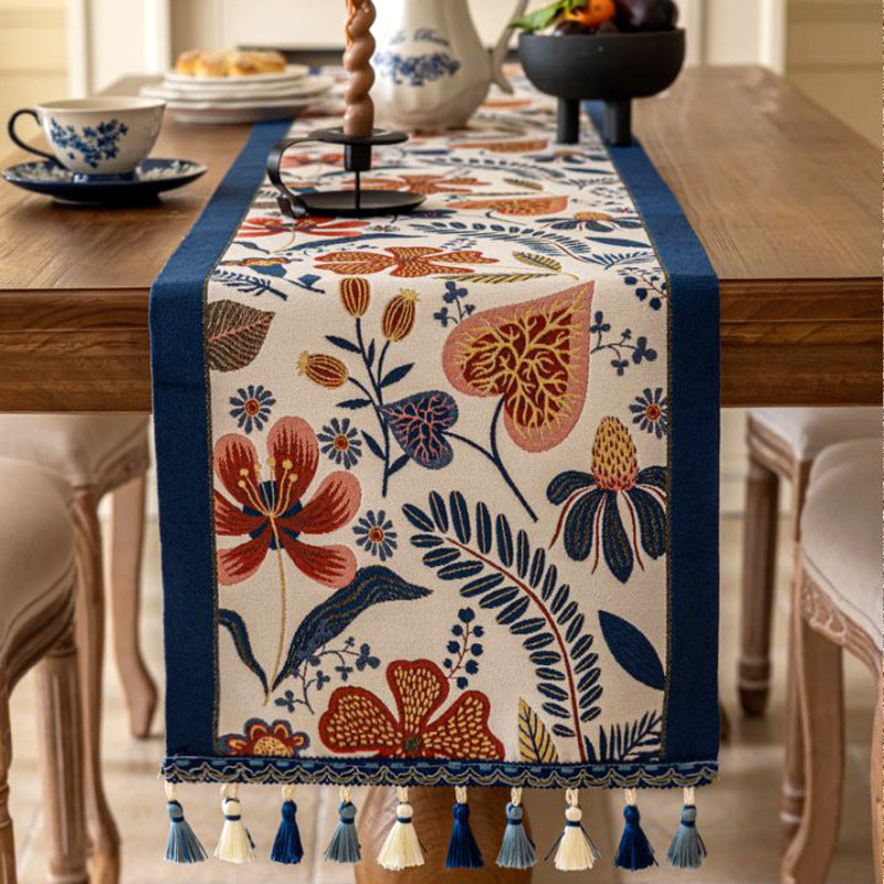 35x280cm Blue Pastoral Table Runner - Spring Floral Oil Painting Style with Tassels