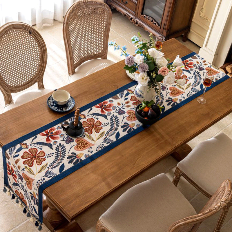 35x280cm Blue Pastoral Table Runner - Spring Floral Oil Painting Style with Tassels