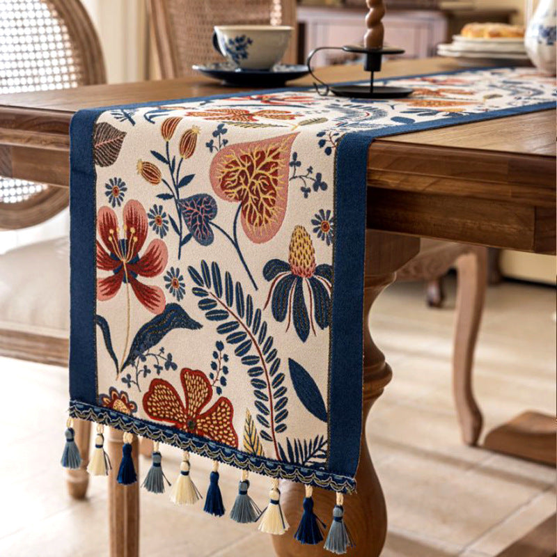 35x300cm Blue Pastoral Table Runner - Spring Floral Oil Painting Style with Tassels