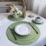 8 Pcs Khaki Woven Round Placemat - Non-Slip, Heat-Resistant Dining Table Mat,  36cm - Top-Down View