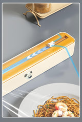 2 Pcs Beige And Blue Bidirectional Cling Film Cutter - Reusable Wrap Dispenser for Cling Film, Foil, and Parchment, 36x7x5cm (Cling Film Not Included) - Top-Down View