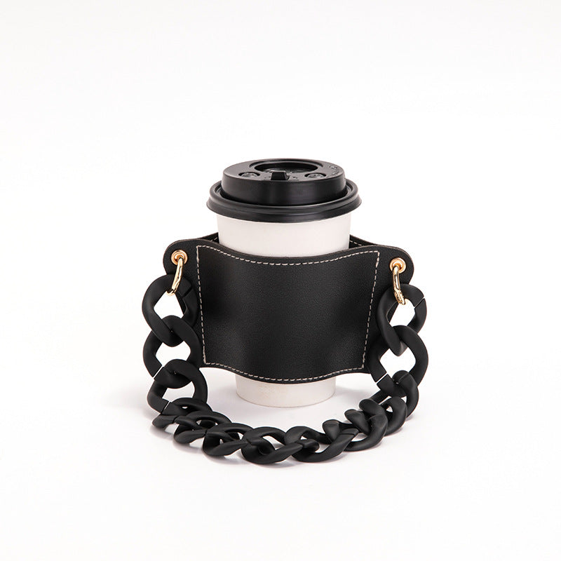 2 Pcs Black Detachable Chain Coffee Cup Sleeve - PU Leather Insulated Cup Holder with Handle, 16cm Top, 70g(Cup not included, only cup sleeve and