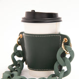 2 Pcs Grey Detachable Chain Coffee Cup Sleeve - PU Leather Insulated Cup Holder with Handle, 16cm Top, 70g(Cup not included, only cup sleeve and chain