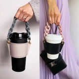 2 Pcs Purple Detachable Chain Coffee Cup Sleeve - PU Leather Insulated Cup Holder with Handle, 16cm Top, 70g(Cup not included, only cup sleeve and chain) - Close-Up Angle