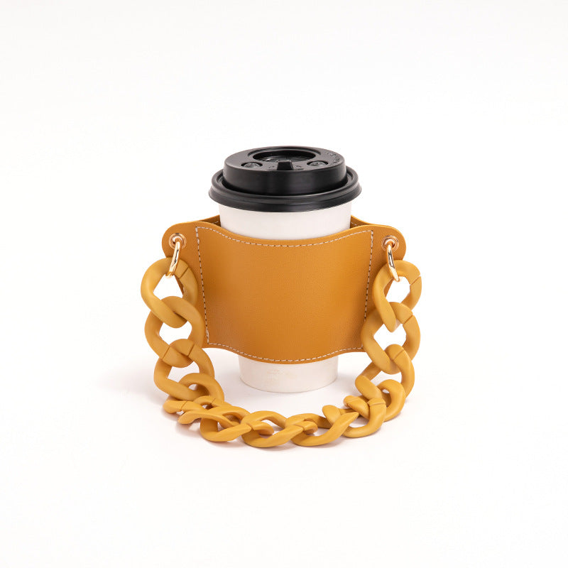 2 Pcs Yellow Detachable Chain Coffee Cup Sleeve - PU Leather Insulated Cup Holder with Handle, 16cm Top, 70g(Cup not included, only cup sleeve and