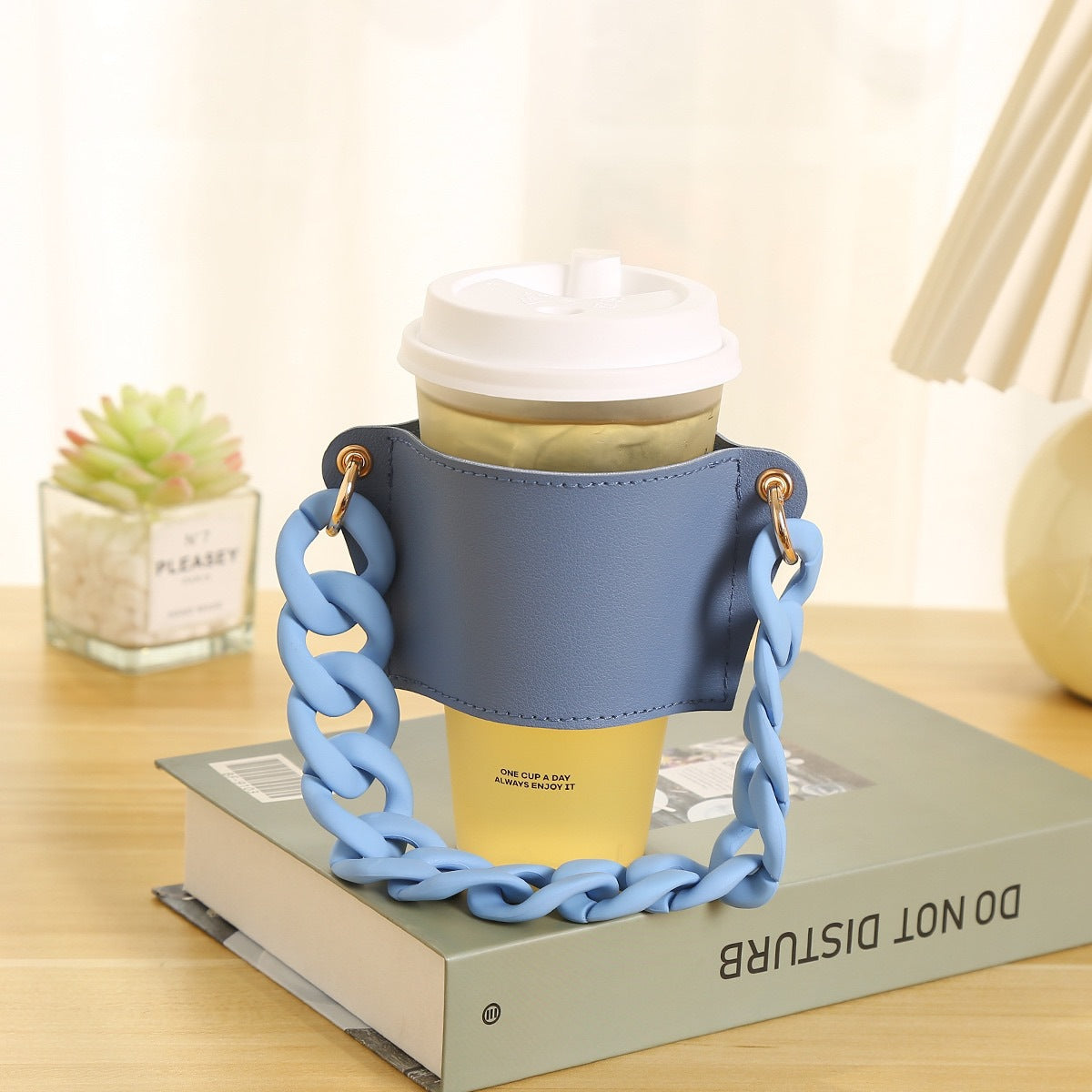 2 Pcs Blue Detachable Chain Coffee Cup Sleeve - PU Leather Insulated Cup Holder with Handle, 16cm Top, 70g(Cup not included, only cup sleeve and chain
