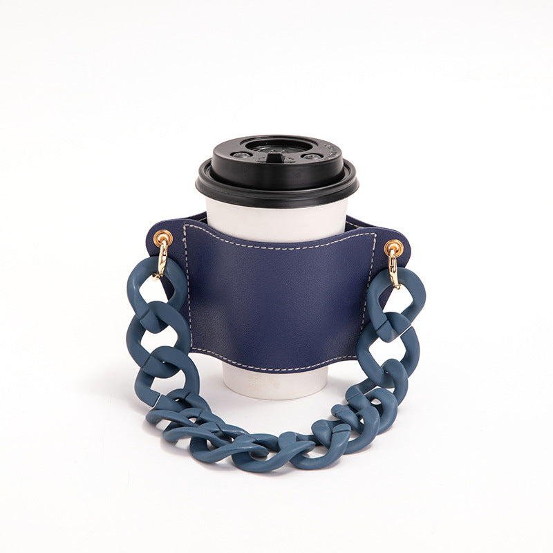 2 Pcs Dark Blue Detachable Chain Coffee Cup Sleeve - PU Leather Insulated Cup Holder with Handle, 16cm Top, 70g(Cup not included, only cup sleeve and