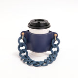 2 Pcs Dark Blue Detachable Chain Coffee Cup Sleeve - PU Leather Insulated Cup Holder with Handle, 16cm Top, 70g(Cup not included, only cup sleeve and