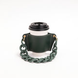 2 Pcs Dark Green Detachable Chain Coffee Cup Sleeve - PU Leather Insulated Cup Holder with Handle, 16cm Top, 70g(Cup not included, only cup sleeve and