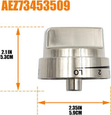 2 Pcs Silver AEZ73453509 Oven Stove Knob Assembly - Stainless Steel Replacement for AEZ72909008, Easy Install & Durable Upgrade - Front View