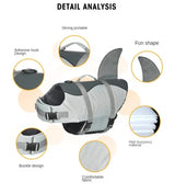 Size XS Grey Pet Life Jacket for Dogs - Summer Swimming Safety Vest with Shark Fin for Small to Large Breeds - Top-Down View