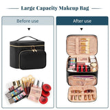Black Portable Travel Makeup Bag with Brush Compartment - Stylish PU Leather Cosmetic Organizer for Skincare and Toiletry Storage - Side View