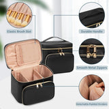 Black Portable Travel Makeup Bag with Brush Compartment - Stylish PU Leather Cosmetic Organizer for Skincare and Toiletry Storage - Top-Down View