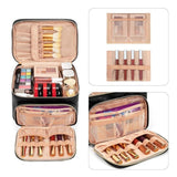 Black Portable Travel Makeup Bag with Brush Compartment - Stylish PU Leather Cosmetic Organizer for Skincare and Toiletry Storage - 45-Degree Angle