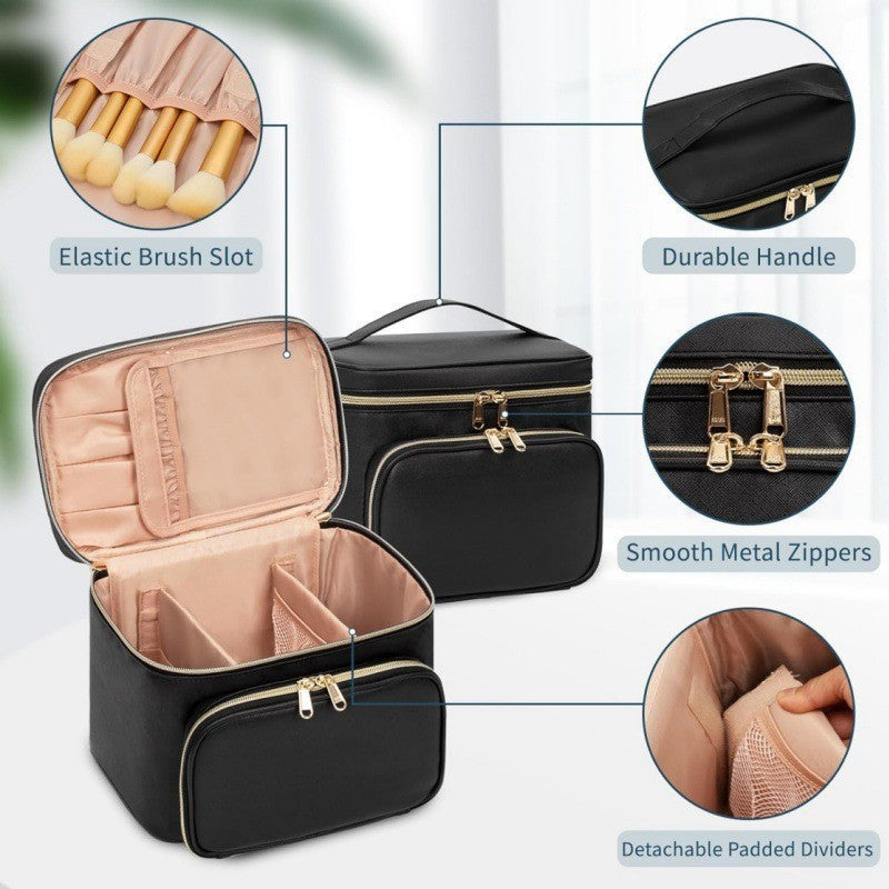 Pink Portable Travel Makeup Bag with Brush Compartment - Stylish PU Leather Cosmetic Organizer for Skincare and Toiletry Storage