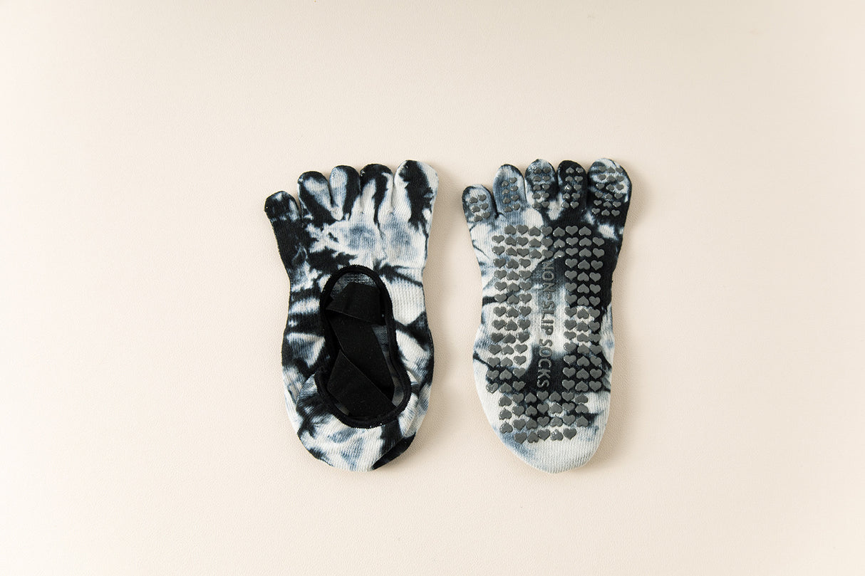 2 pairs Black tie-dye Non-Slip Yoga Socks for Women - Five-Toe Cotton Blend Socks for Pilates and Indoor Sports