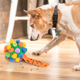 Yellow Ball And Colorful Strips Of Fabric Interactive Pet Snuffle Ball - Treat-Dispensing Toy for Dogs and Cats, 20 cm TPR and Felt Fabric for Mental Stimulation - Side View