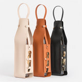 Beige Leather-Look Single Wine Bottle Carrier Bag with Handle and Side Pocket for Opener(Red wine and bottle opener are props for shooting and are not included) - Front View