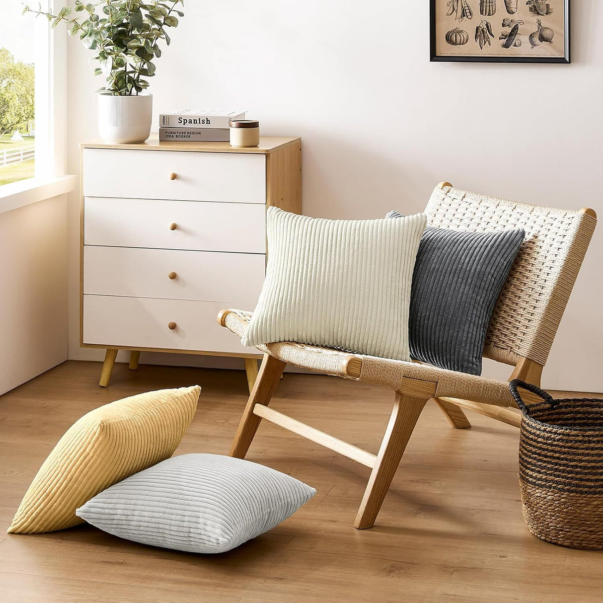 Light Beige Plush Striped Pillow Covers 45x45cm - Set of 4 Corduroy-Style Cushion Covers with Invisible Zipper, Soft and Washable for Sofa Decor