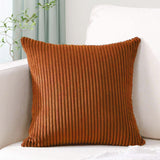Brick Red Plush Striped Pillow Covers 45x45cm - Set of 4 Corduroy-Style Cushion Covers with Invisible Zipper, Soft and Washable for Sofa Decor
