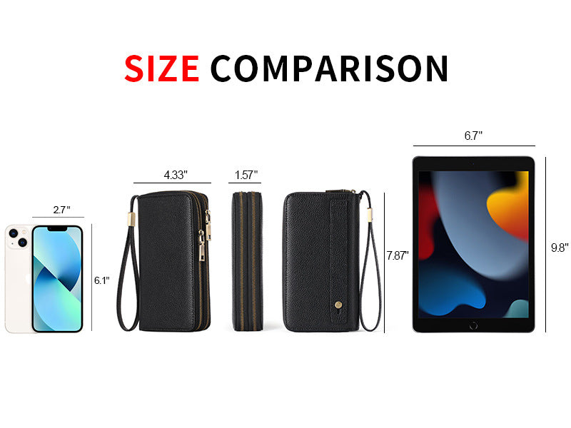 Black Double Zipper Women's Wallet - Large Capacity Clutch Organizer with Wristlet Strap