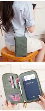 Green RFID Blocking Passport Wallet - Multi-Function Travel Organizer with Double Zipper and Crossbody Strap - Front View