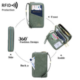 Green RFID Blocking Passport Wallet - Multi-Function Travel Organizer with Double Zipper and Crossbody Strap
