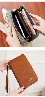 Light Brown RFID Blocking Passport Wallet - Multi-Function Travel Organizer with Double Zipper and Crossbody Strap - Front View
