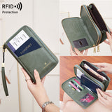 Light Brown RFID Blocking Passport Wallet - Multi-Function Travel Organizer with Double Zipper and Crossbody Strap - Top-Down View
