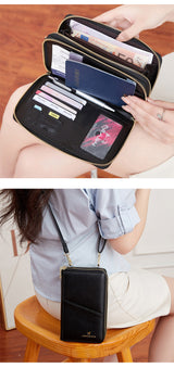 Black RFID Blocking Passport Wallet - Multi-Function Travel Organizer with Double Zipper and Crossbody Strap - Front View