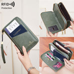 Dark Blue RFID Blocking Passport Wallet - Multi-Function Travel Organizer with Double Zipper and Crossbody Strap