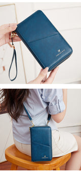 Peacock Blue RFID Blocking Passport Wallet - Multi-Function Travel Organizer with Double Zipper and Crossbody Strap - Front View