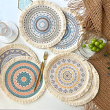 4 Pcs Beige and Grey Boho Chic Woven Cotton Placemat with Tassels - Nordic Bohemian Style(Tableware is a prop for shooting and is not included) - Front View