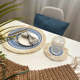 4 Pcs Beige and Grey Boho Chic Woven Cotton Placemat with Tassels - Nordic Bohemian Style(Tableware is a prop for shooting and is not included) - Side View