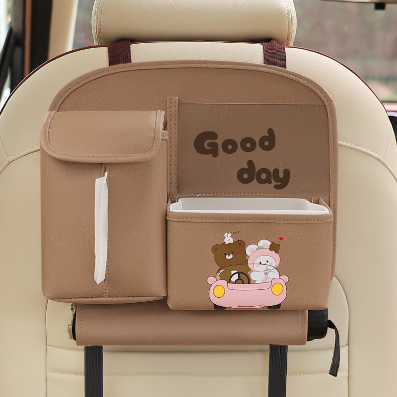 Brown Cute Cartoon Car Backseat Organizer with Multi-Pocket Storage and PP Trash Bin - 400g Lightweight PU Leather