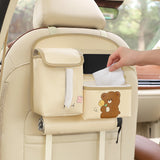 Brown Cute Cartoon Car Backseat Organizer with Multi-Pocket Storage and PP Trash Bin - 400g Lightweight PU Leather