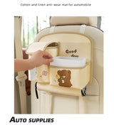 Brown Cute Cartoon Car Backseat Organizer with Multi-Pocket Storage and PP Trash Bin - 400g Lightweight PU Leather - 45-Degree Angle