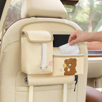 Beige Cute Cartoon Car Backseat Organizer with Multi-Pocket Storage and PP Trash Bin - 400g Lightweight PU Leather
