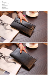 Dark Green Women's Genuine Leather Long Wallet - Slim Business Clutch with Snap Closure, Multi-Card Holder - Top-Down View