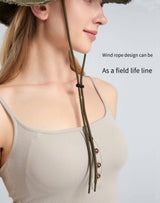 Beige Packable Cotton Bucket Hat - Folds into Wearable Pouch | Frayed Edge Sun Hat with Chin Strap - 45-Degree Angle