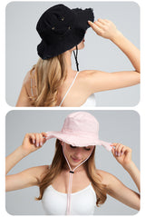 Beige Packable Cotton Bucket Hat - Folds into Wearable Pouch | Frayed Edge Sun Hat with Chin Strap - Rear View
