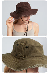 Beige Packable Cotton Bucket Hat - Folds into Wearable Pouch | Frayed Edge Sun Hat with Chin Strap - Close-Up Angle