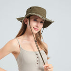 Green Packable Cotton Bucket Hat - Folds into Wearable Pouch | Frayed Edge Sun Hat with Chin Strap
