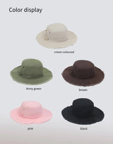 Pink Packable Cotton Bucket Hat - Folds into Wearable Pouch | Frayed Edge Sun Hat with Chin Strap - Front View