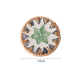 4 Pcs Beige Background With Green flower Handcrafted Rattan Coaster with Natural Shell Inlay - Decorative & Heat Insulating Drink Mat
