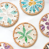 4 Pcs Beige Background With Green flower Handcrafted Rattan Coaster with Natural Shell Inlay - Decorative & Heat Insulating Drink Mat - Side View