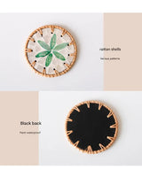 4 Pcs Beige Background With Green flower Handcrafted Rattan Coaster with Natural Shell Inlay - Decorative & Heat Insulating Drink Mat - 45-Degree Angle