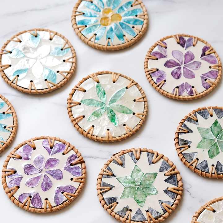 4 Pcs Khaki Background With Pink flower Handcrafted Rattan Coaster with Natural Shell Inlay - Decorative & Heat Insulating Drink Mat