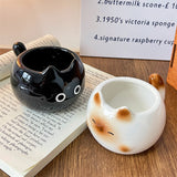 White And Brown Adorable Ceramic Cat Mug - Cute Creative Coffee Cup with Tail Handle (210ml) - Front View