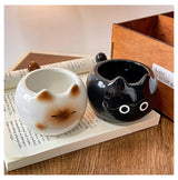 White And Brown Adorable Ceramic Cat Mug - Cute Creative Coffee Cup with Tail Handle (210ml) - Side View